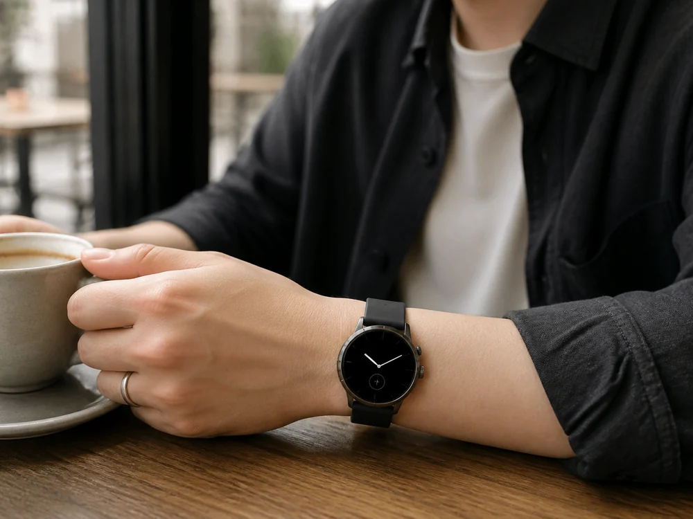 黒いステンレスベゼルを付けたPixel Watchを日常で使う装着イメージ