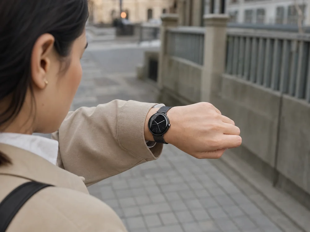 黒いステンレスベゼルを付けたPixel Watchを屋外で確認する装着イメージ
