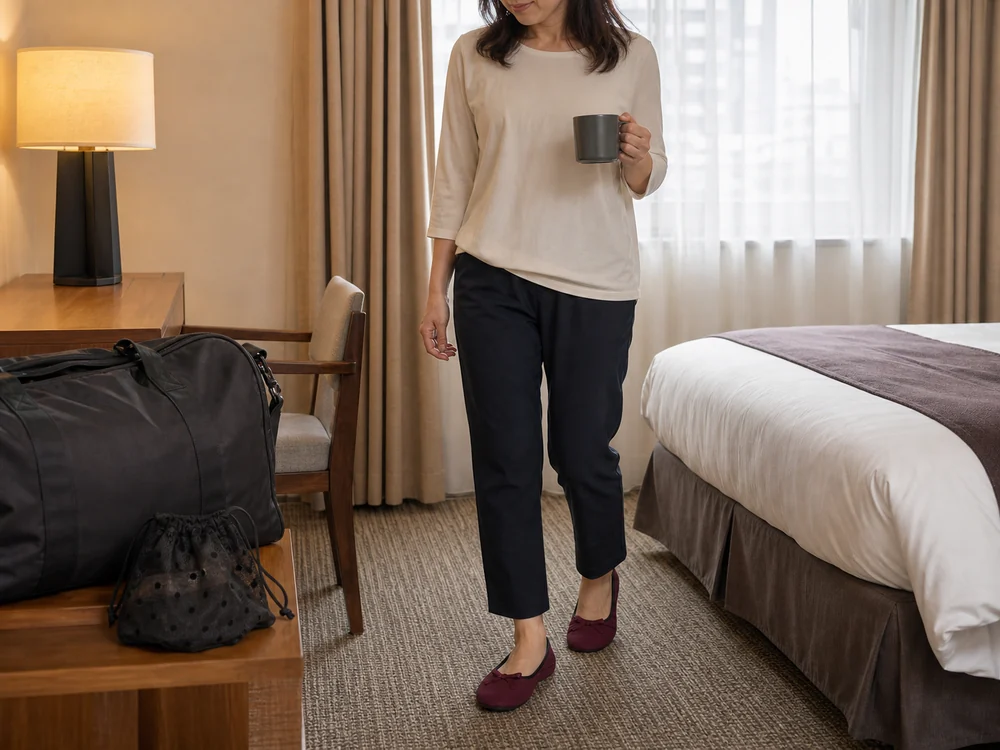 室内でボルドーの携帯スリッパを履いてくつろぐ女性