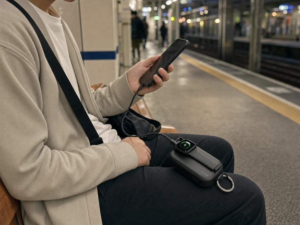 外出先でApple WatchとiPhoneの充電をまとめてこなすRORRYモバイルバッテリーの使用イメージ