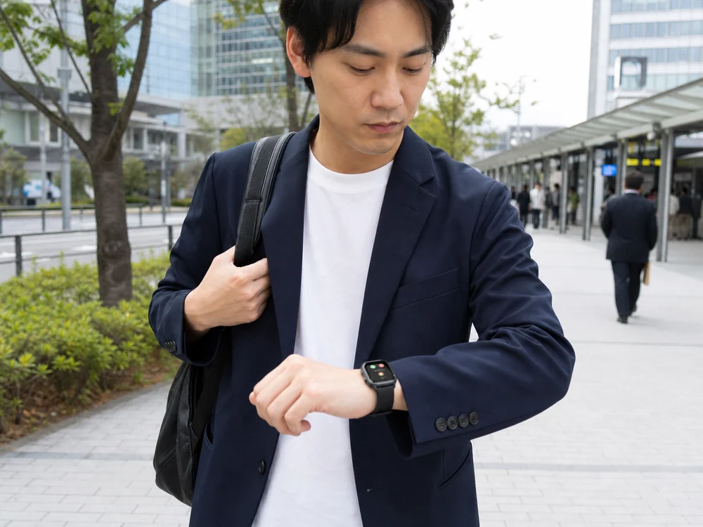 外出中に通知を確認する黒いスマートウォッチの使用イメージ