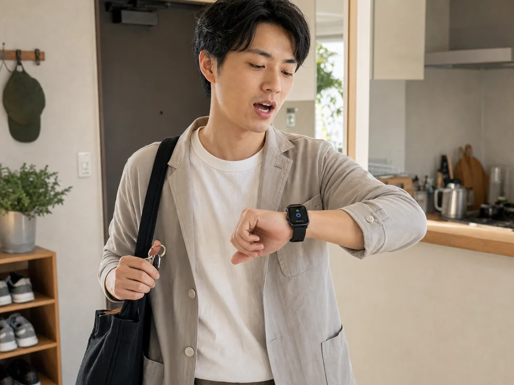 外出前に音声操作を使う黒いスマートウォッチの使用イメージ