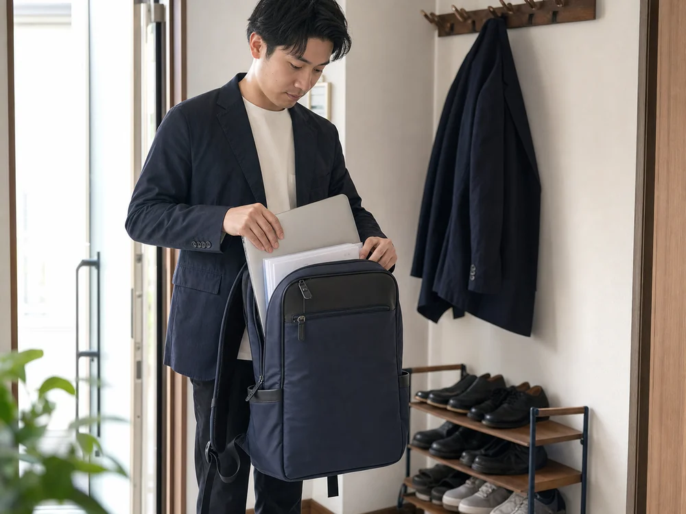 通勤前にノートPCと書類を入れたフライズライト2を背負う準備をする人物