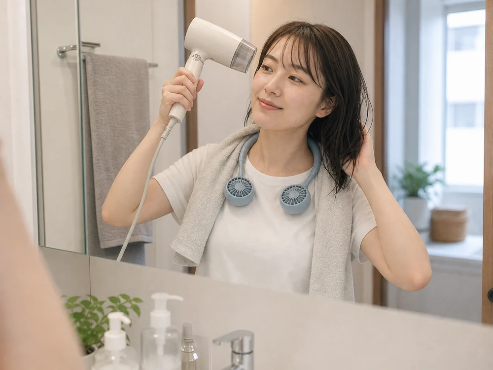 淡いブルーのくるくるネックファンを首に掛けて身支度中に使うシーン