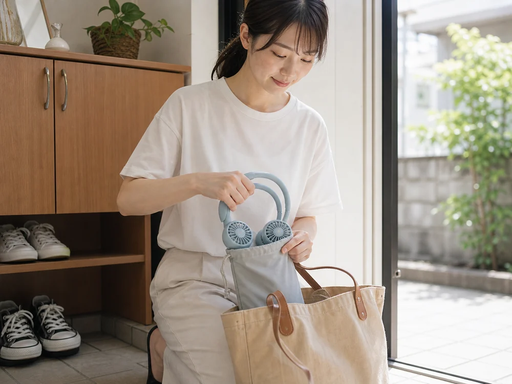淡いブルーのくるくるネックファンを巻いて収納ポーチにしまうシーン