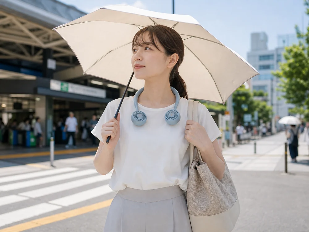 淡いブルーのくるくるネックファンを首に掛けて夏の外歩きをする利用シーン