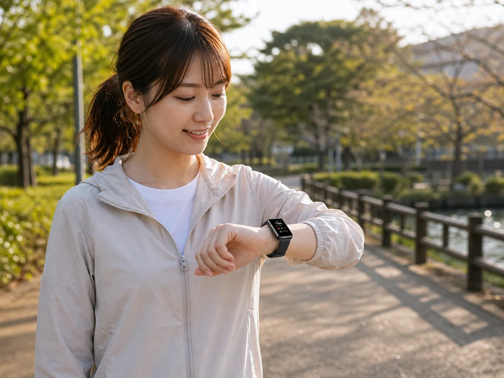 散歩後にスマートウォッチで活動状況を見る様子