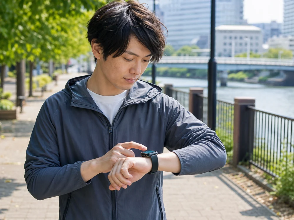 屋外で大画面スマートウォッチを操作している様子