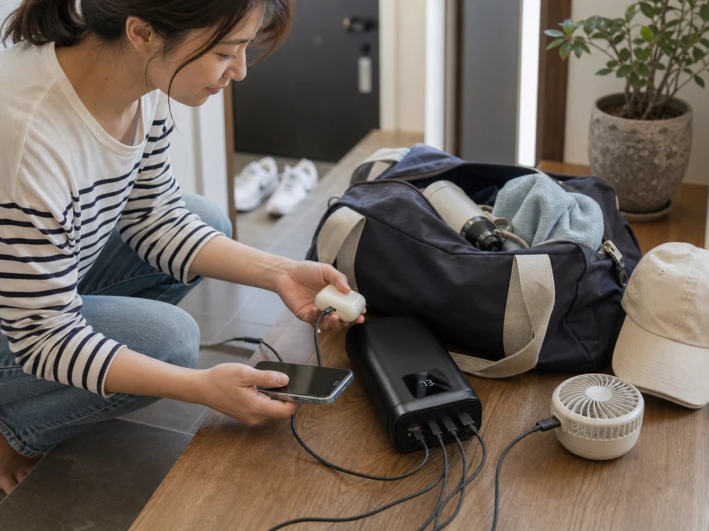 内蔵ケーブルで外出前の準備をすばやく進める大容量モバイルバッテリーの使用イメージ