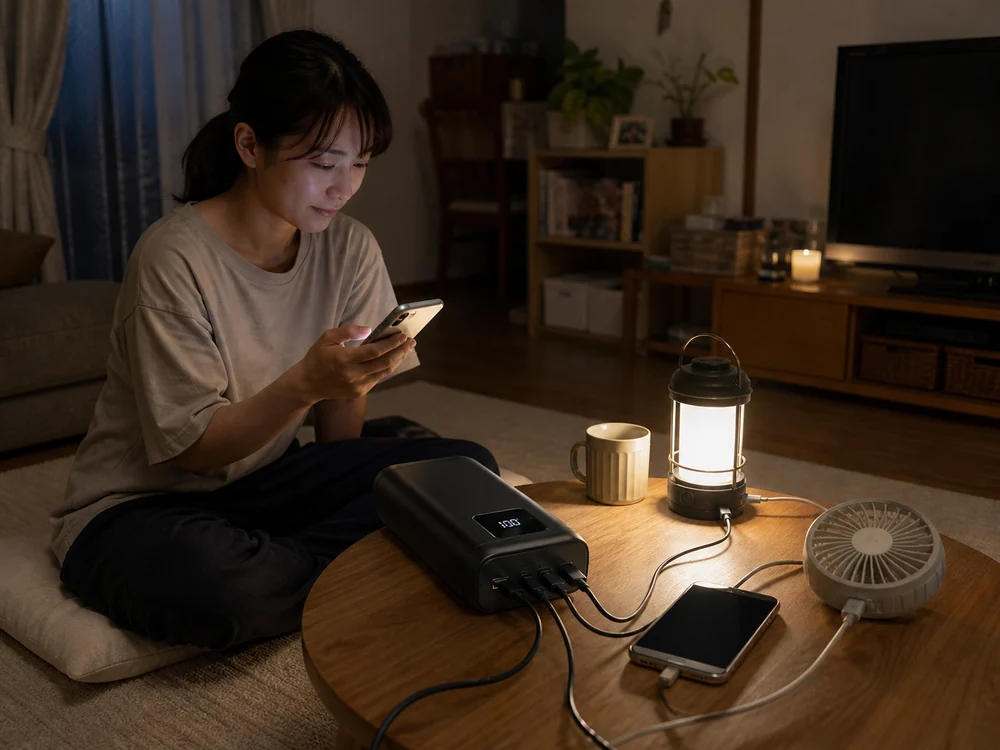 停電時の室内でスマートフォンと灯りを支える大容量モバイルバッテリーの使用イメージ