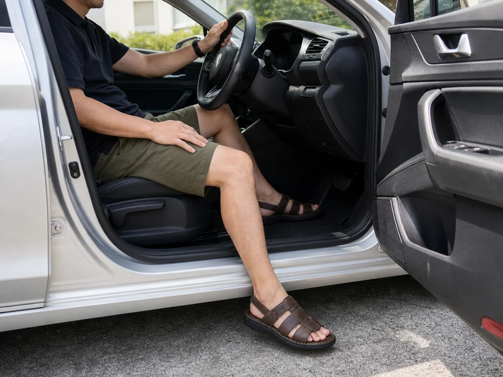 運転時の安定感が伝わるかかとストラップ付きの本革2wayサンダル