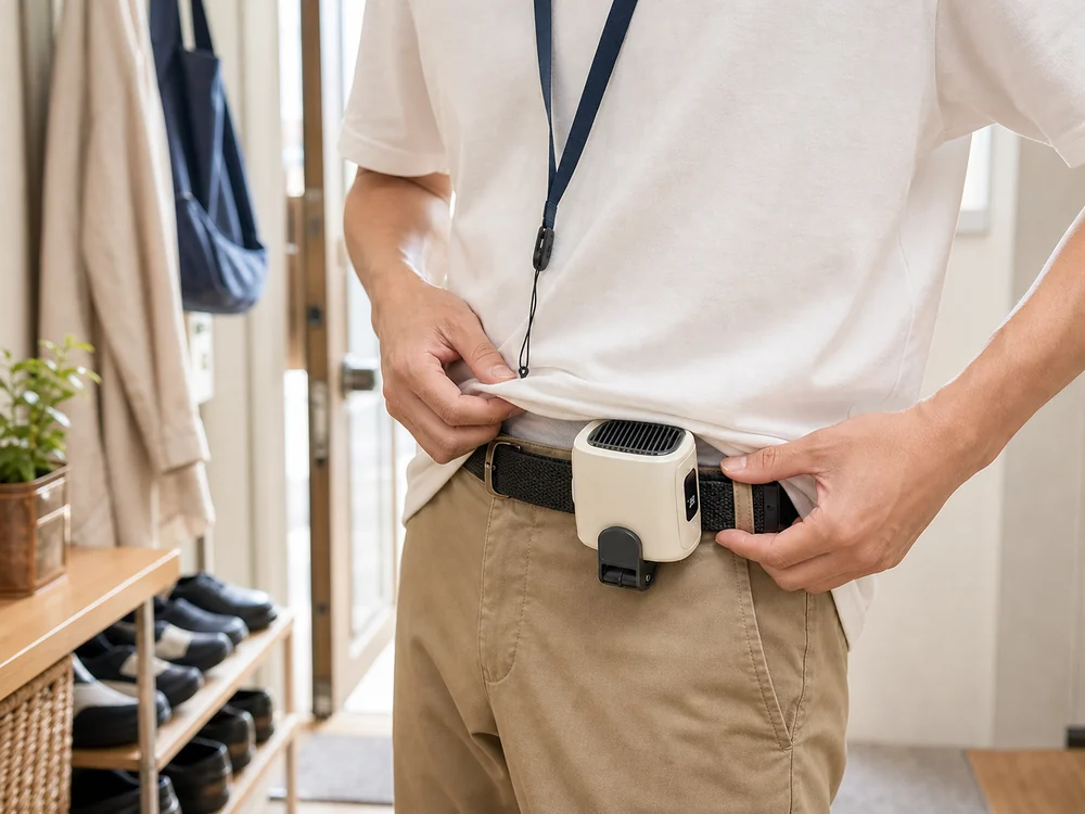 Tシャツの裾を少し上げてオフホワイトの腰掛け扇風機をベルトに固定している様子