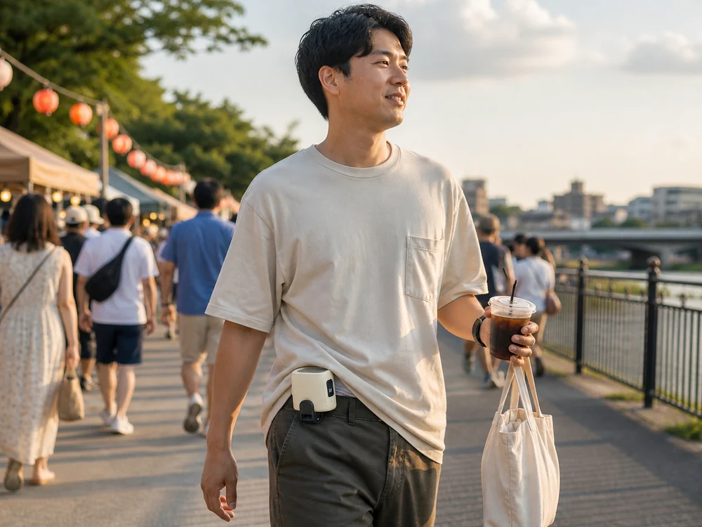夏の屋外イベントでオフホワイトの腰掛け扇風機を腰に付けて歩いている様子