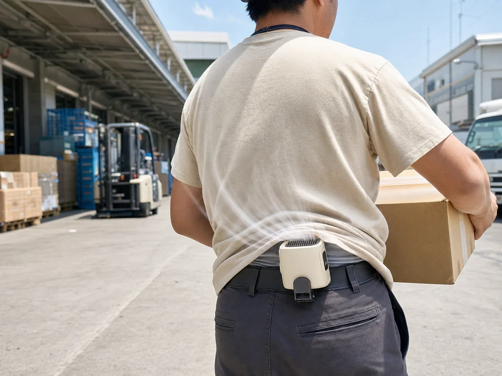 屋外作業中にオフホワイトの腰掛け扇風機を腰に付けて服の中へ風を送っている様子