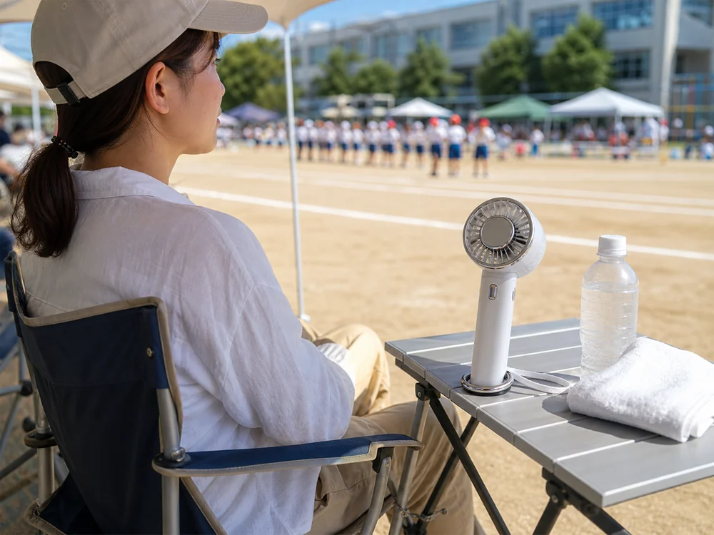 運動会の観覧席で卓上置きして使う白い冷却プレート付きハンディファン