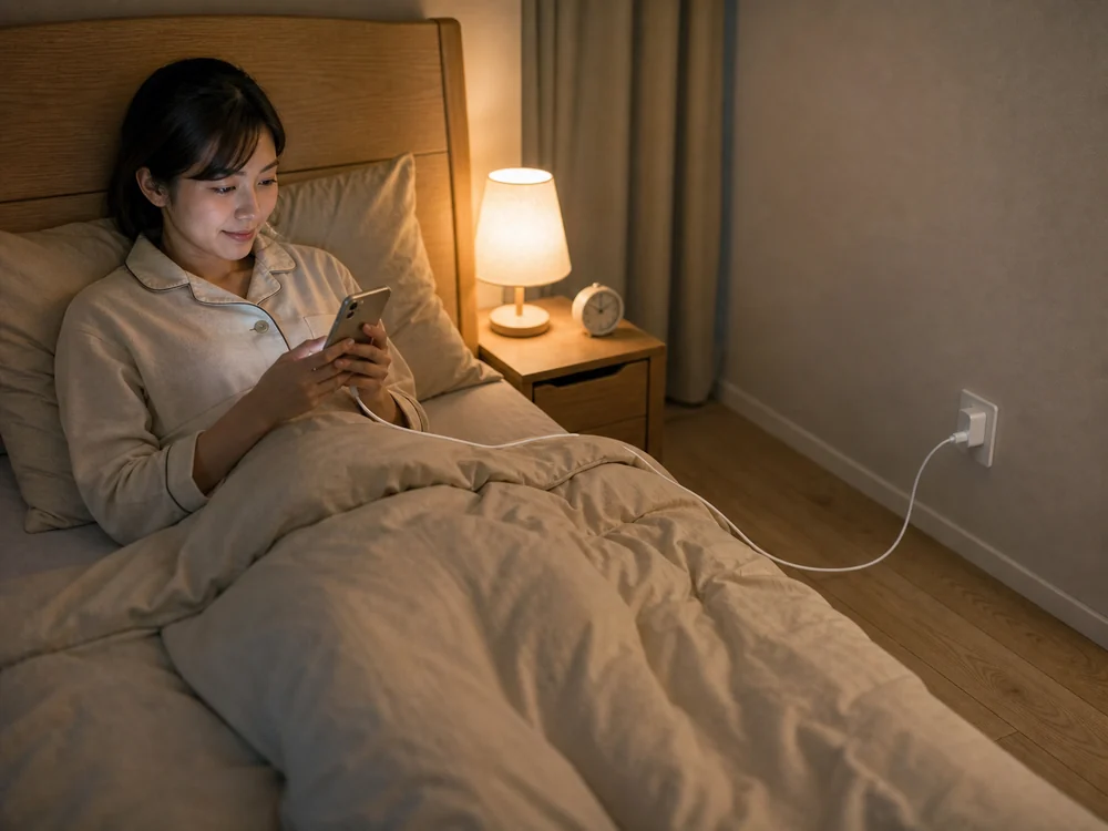 白いUSB-Cケーブルを使ってベッドでスマートフォンを充電しながら過ごす様子