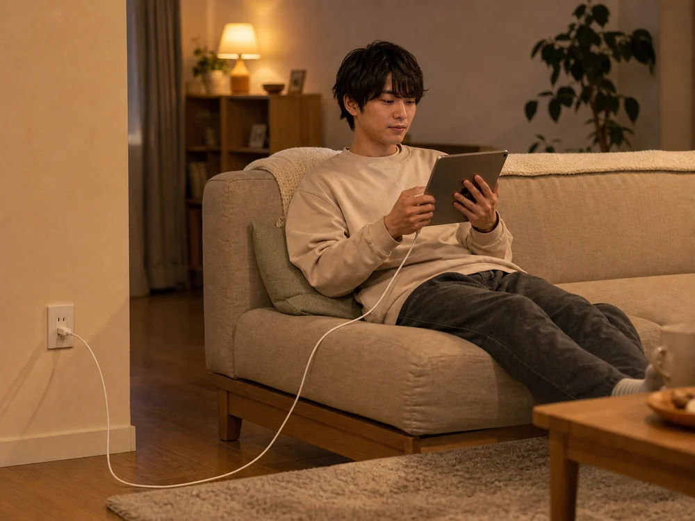 白いUSB-Cケーブルをソファ横のコンセントからタブレットにつないでくつろいで使う様子