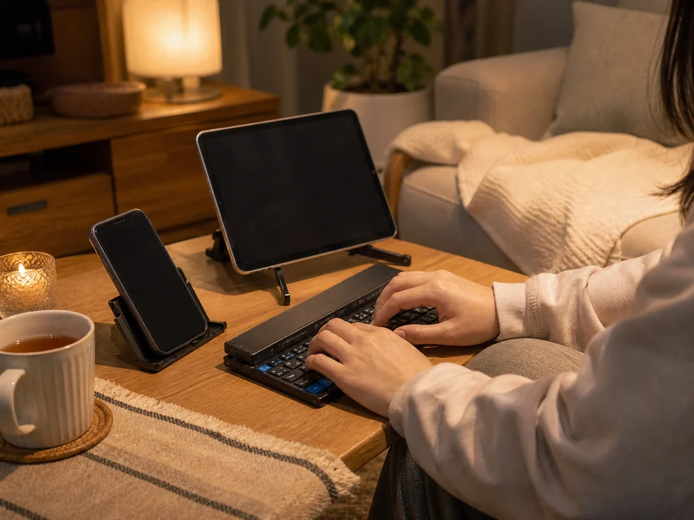 スマホとタブレットを切り替えながら使う折りたたみ式キーボードのイメージ