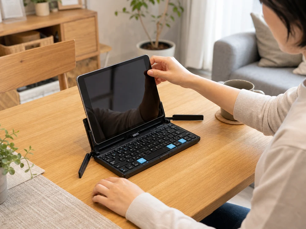 タブレットを立てて設置した折りたたみ式キーボードのイメージ