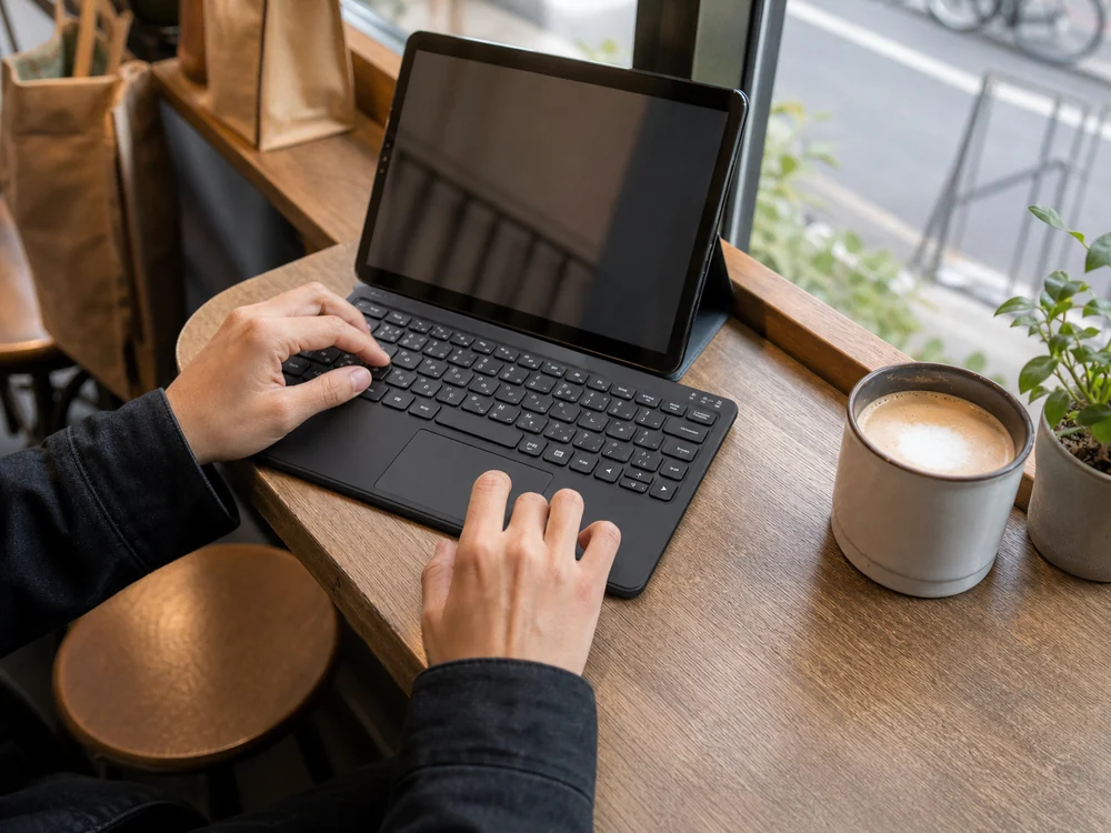 狭いカフェの席でタブレットと一体型キーボードを使うイメージ