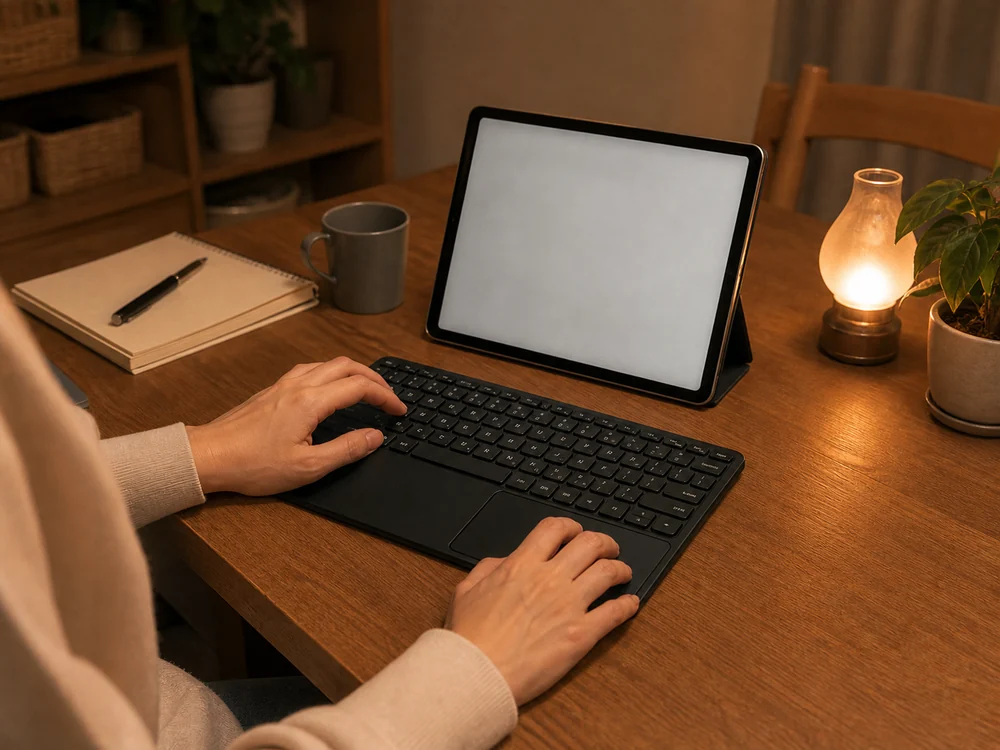 自宅の小さなテーブルでタブレット作業に使うキーボードのイメージ