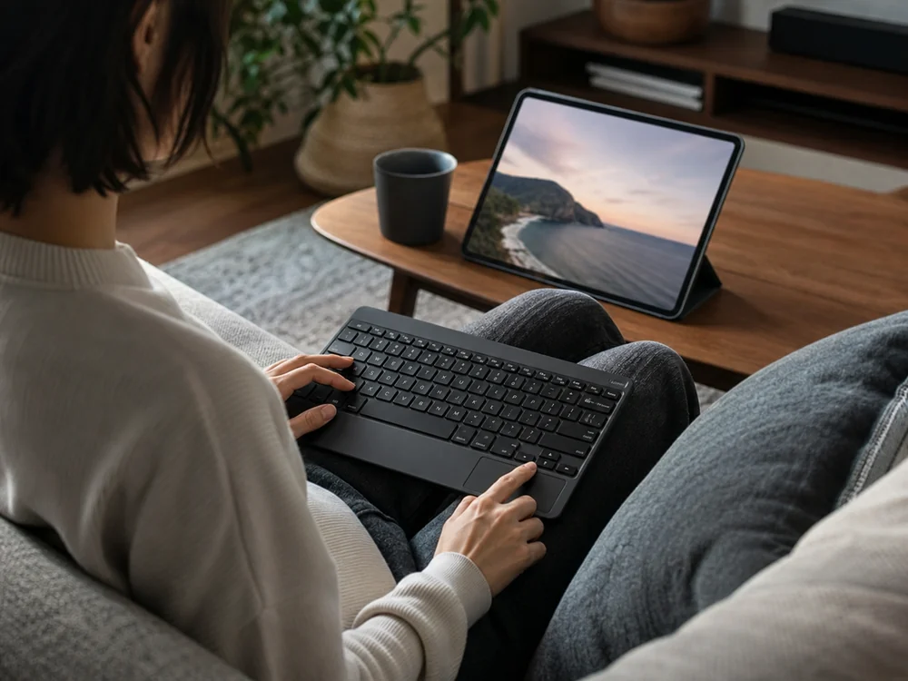 タブレットをソファで操作しながらタッチパッド付きキーボードを使うイメージ