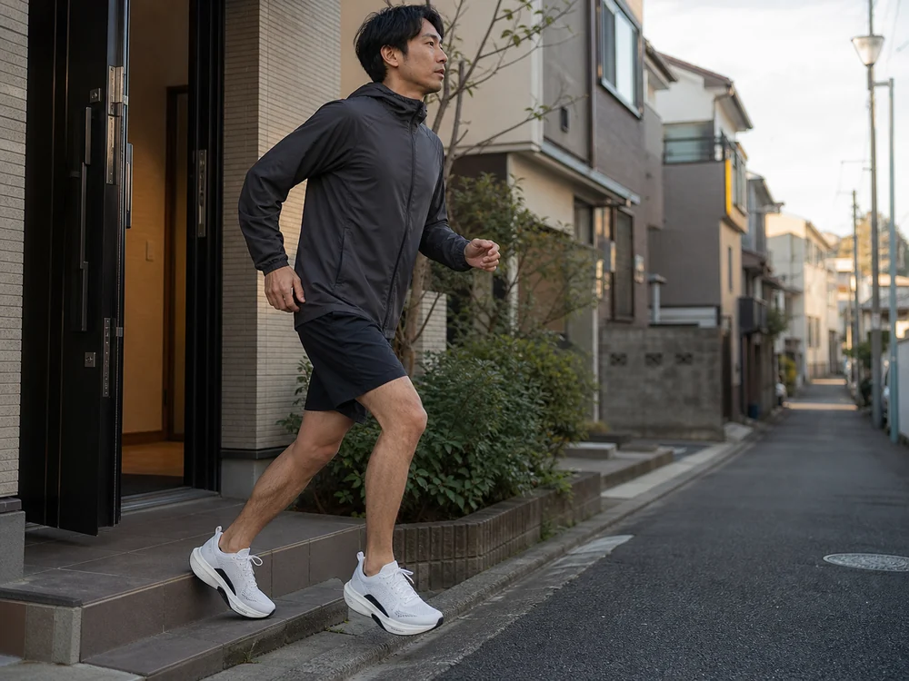 住宅街で白い厚底ランニングシューズを履いて走り出す直前の足元イメージ