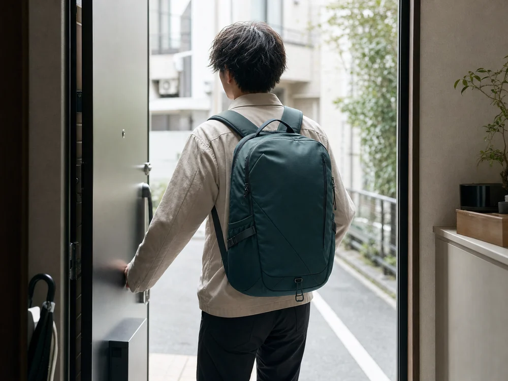 通勤前に深いグリーンのスリムなバックパックを背負って玄関を出る人