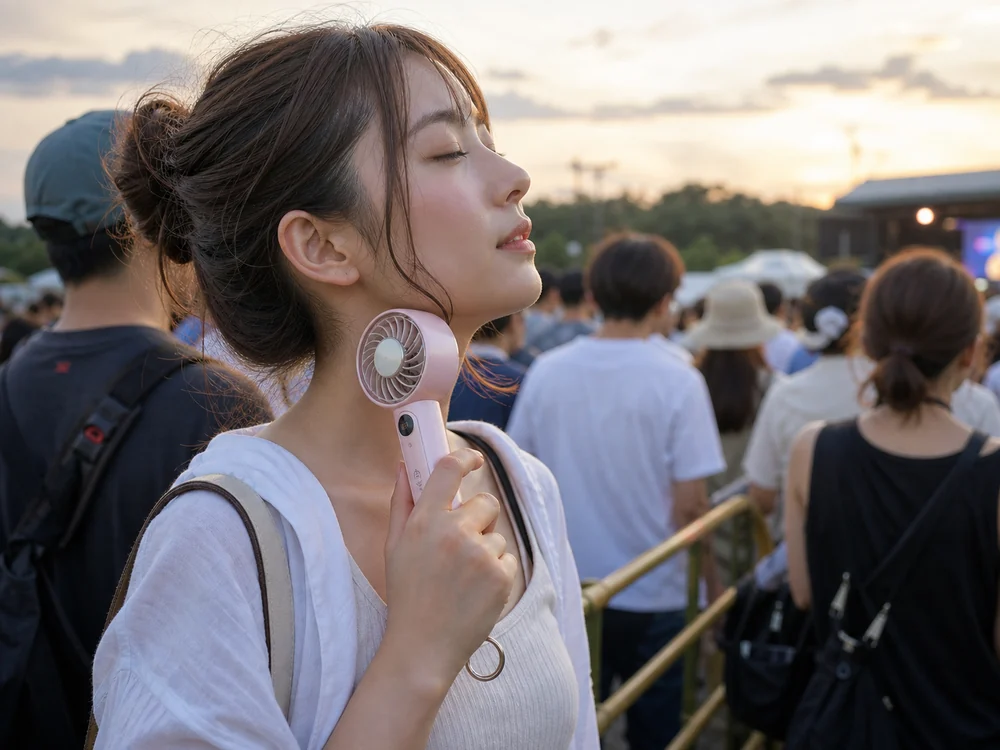 屋外イベントの待機列で顔まわりを冷やすピンクの小型冷却ファン