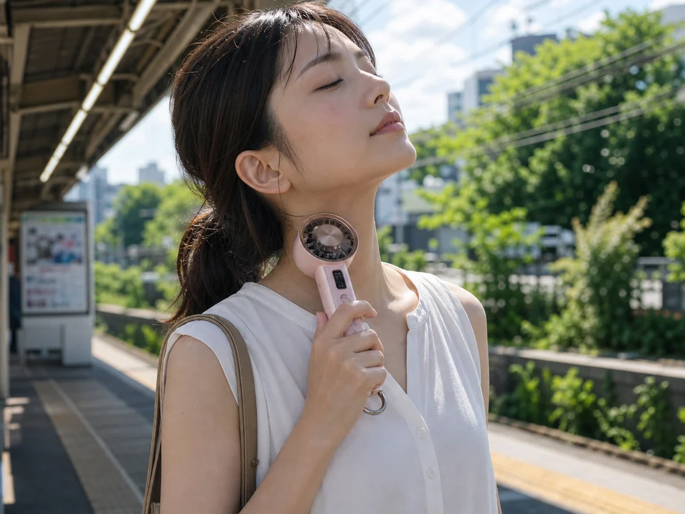 駅のホームで首元を冷やすようにピンクの小型冷却ファンを使う女性