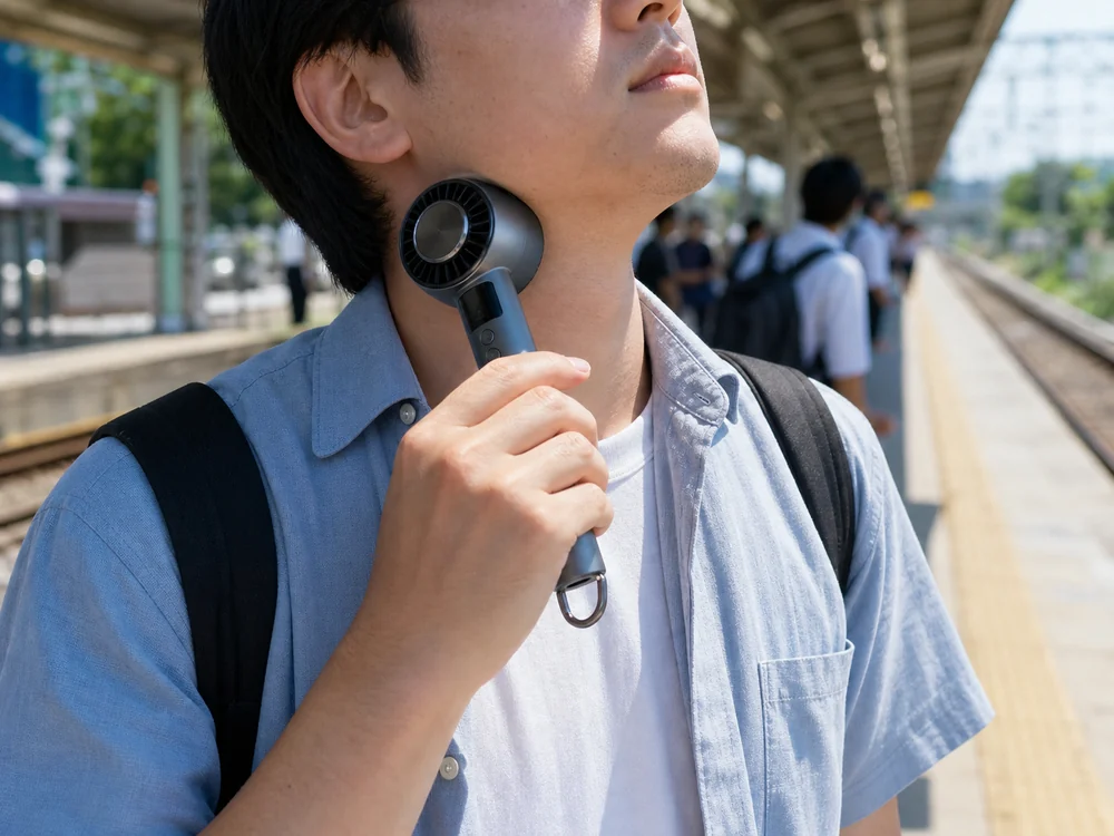 首元にTORRAS COOLiFY iva GOを当てて屋外の待ち時間をしのぐイメージ