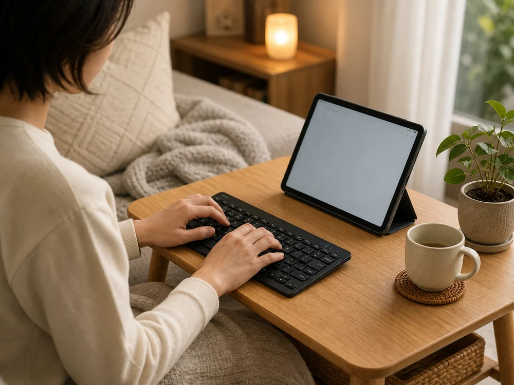 薄型Bluetoothキーボードでリビングの軽作業をしている様子