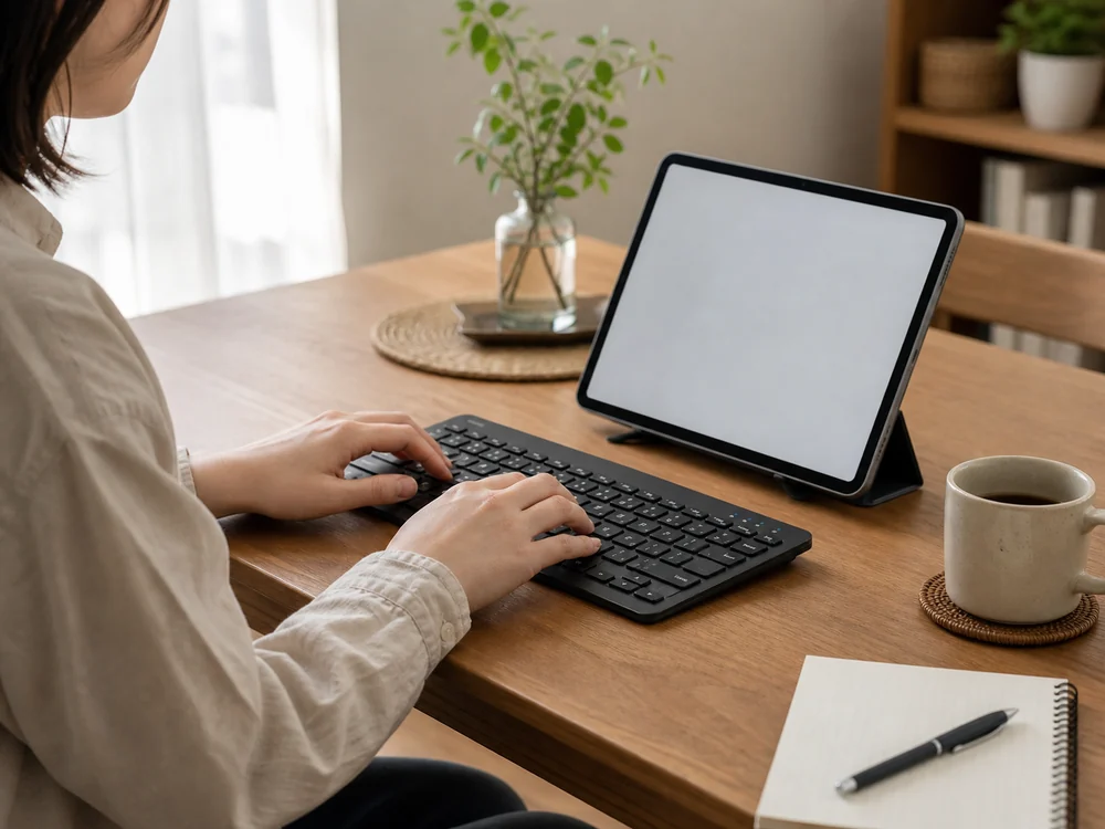 薄型Bluetoothキーボードと10インチ級タブレットを組み合わせて入力している様子