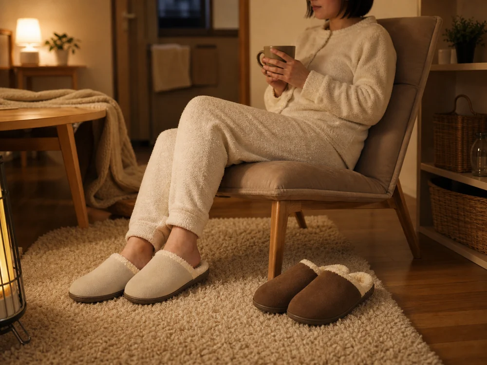 お風呂上がりの部屋であたたかいルームシューズを履いてくつろぐ様子
