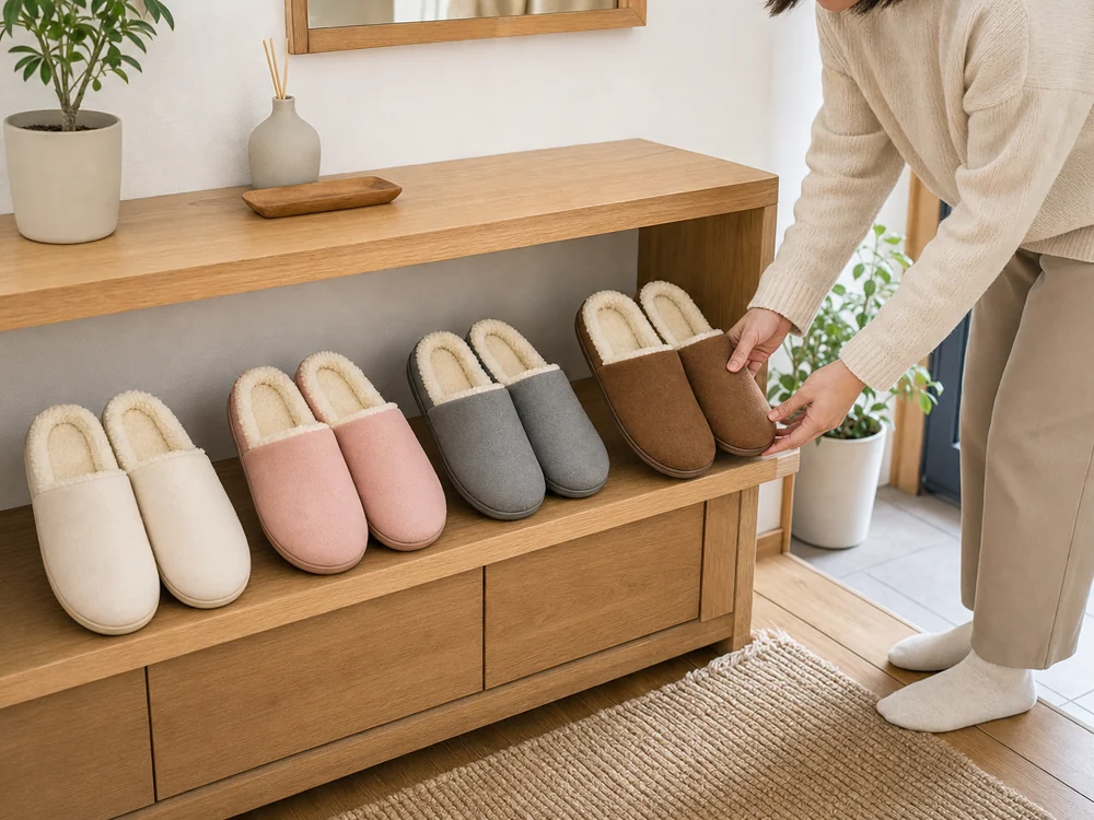 家族用と来客用に色分けして並べた4足セットのルームシューズ