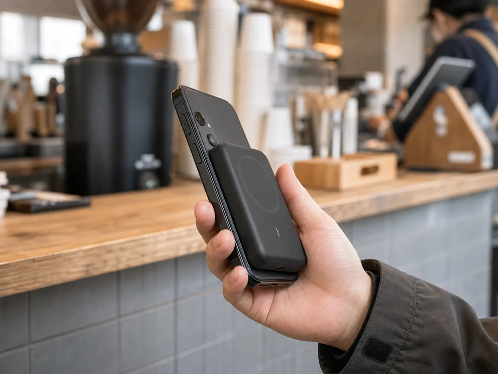 カフェの会計待ちでスマホ背面に付けたUGREEN磁気モバイルバッテリーの厚みが分かる様子
