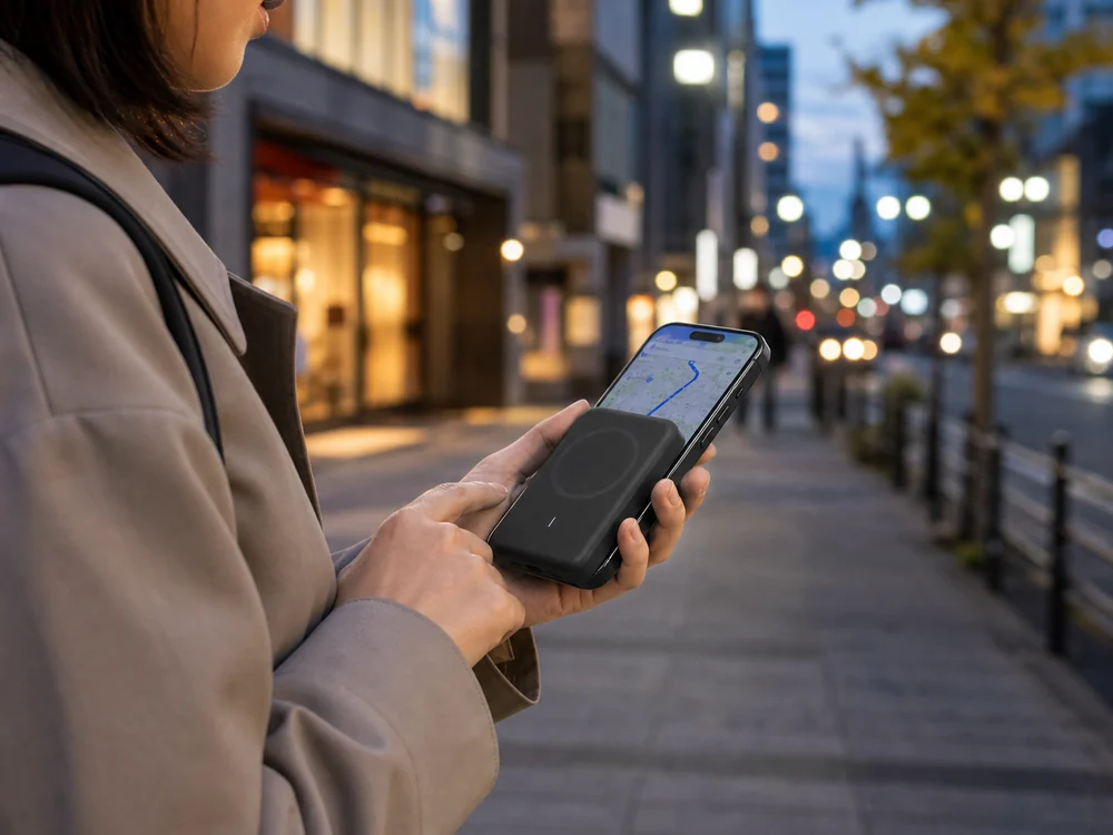 夕方の街歩きでスマホを使い続けたい人がUGREEN磁気モバイルバッテリーを使う様子