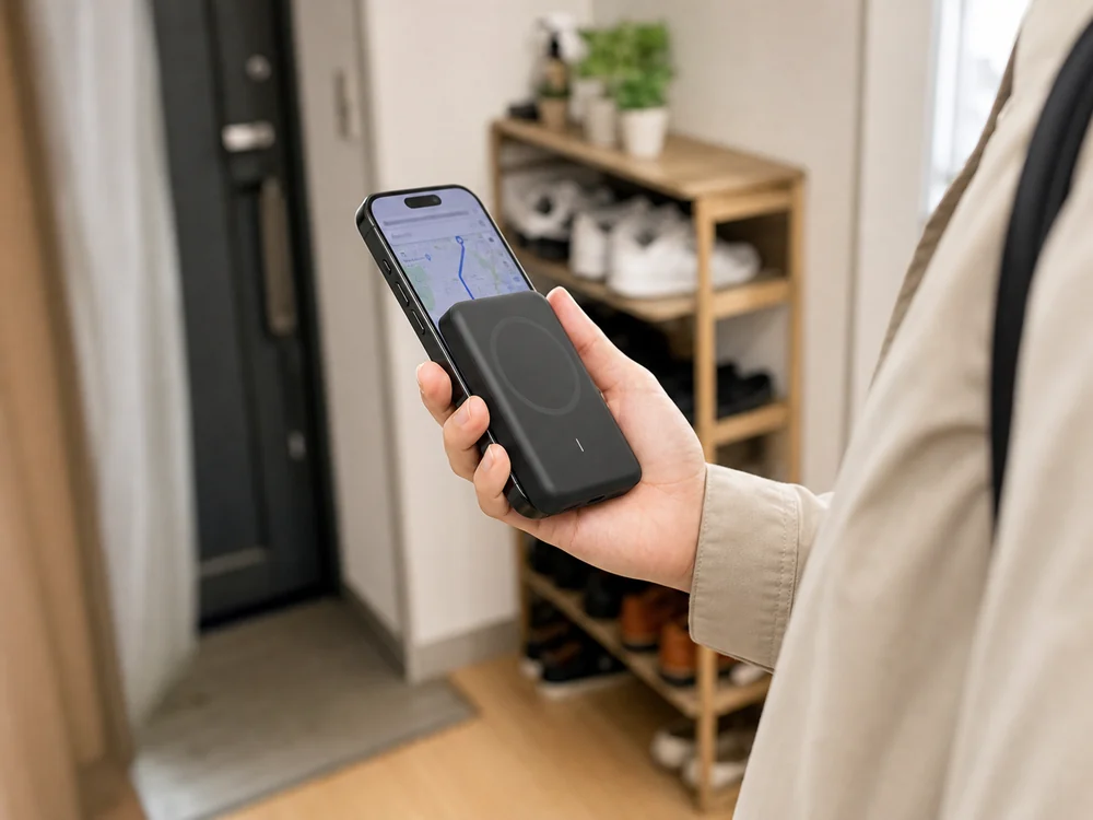 玄関で地図を見ながらスマホ背面のUGREEN磁気モバイルバッテリーを使う様子
