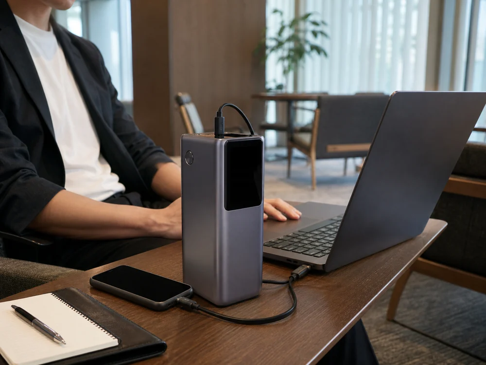 ノートPCとスマートフォンを同時に充電できる大きめのUGREENモバイルバッテリーの使用イメージ