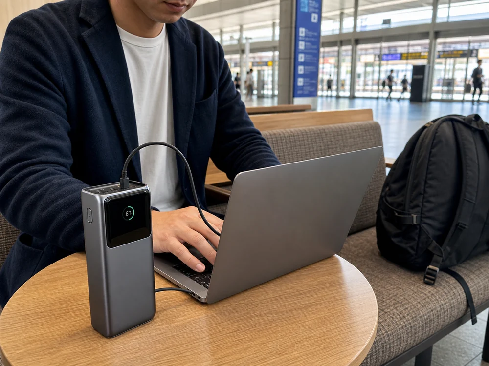 巻取式USB-Cケーブルを引き出したUGREENのモバイルバッテリーでノートPCを充電しながら作業する様子