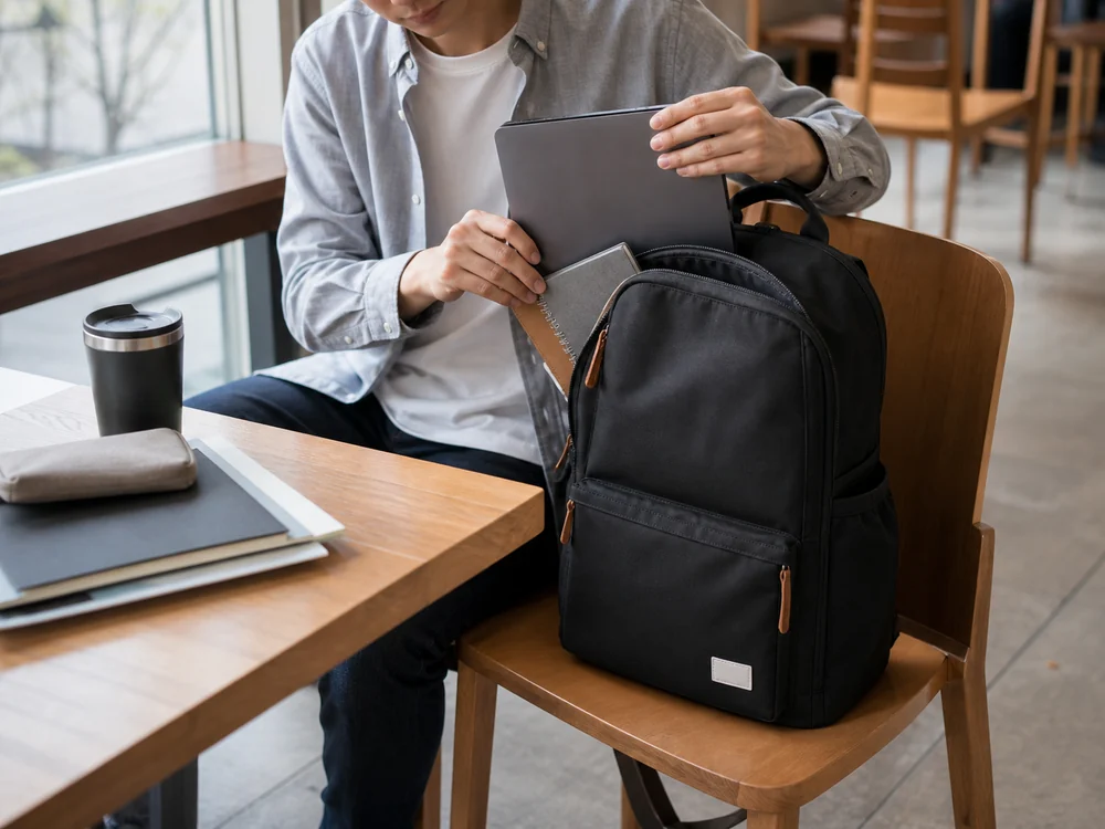 カフェ席で黒いビジネスリュックからノートPCを取り出すイメージ