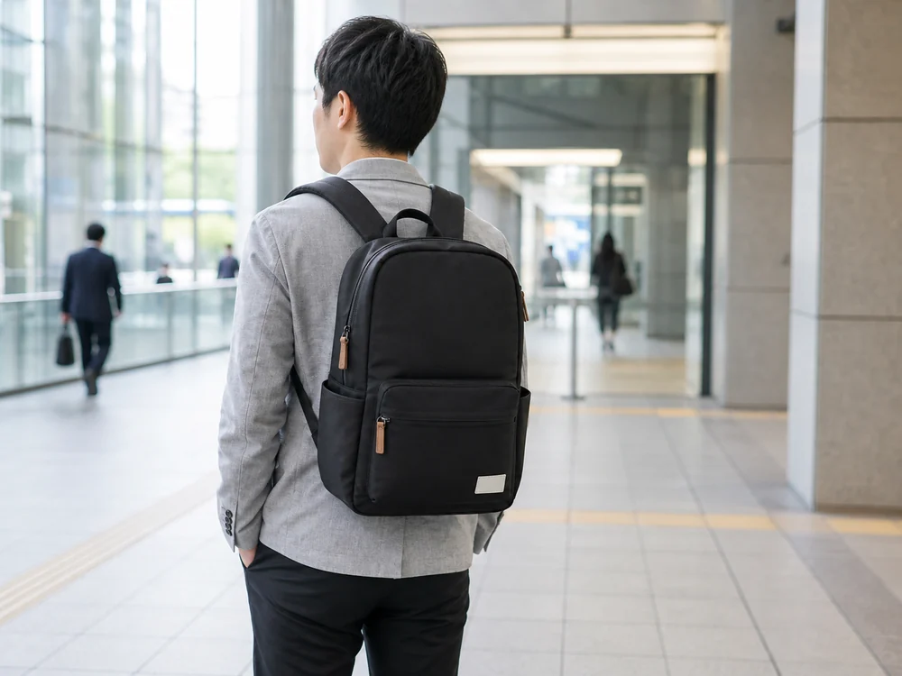 黒いビジネスリュックを背負って駅やオフィスへ向かうサイズ感のイメージ
