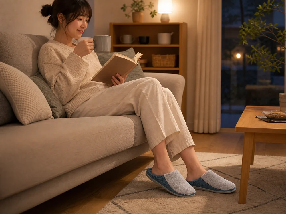 くつろいだ夜のリビングで本を読みながらルームシューズを履く様子