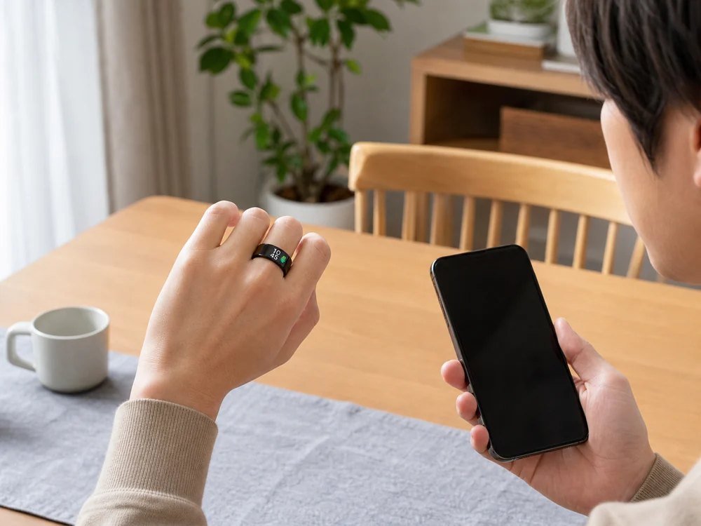 スマホと一緒に黒い画面付きスマートリングの幅感を確かめる手元
