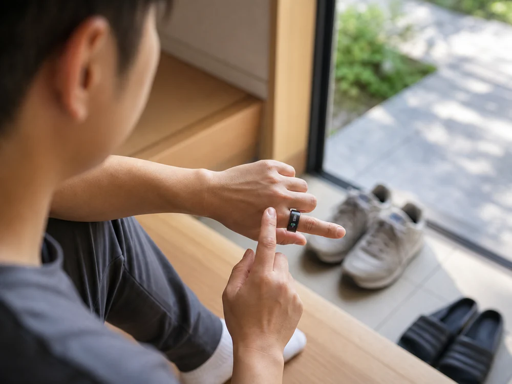 散歩後に黒い画面付きスマートリングで歩数を確認する手元
