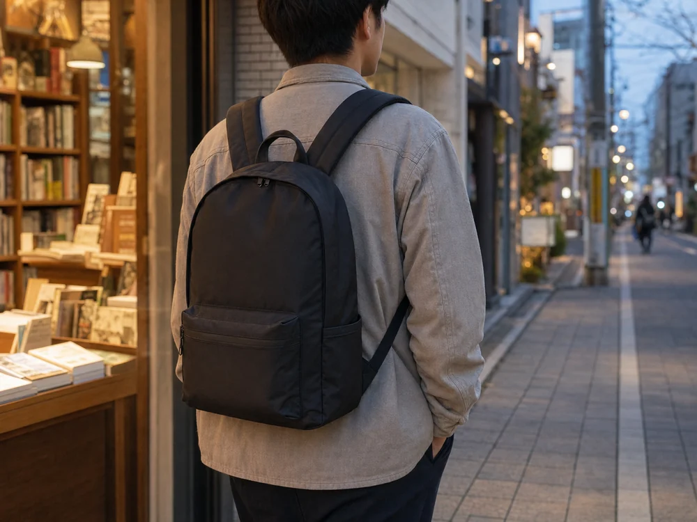 街歩きで黒い軽量タウンリュックを自然に背負う様子