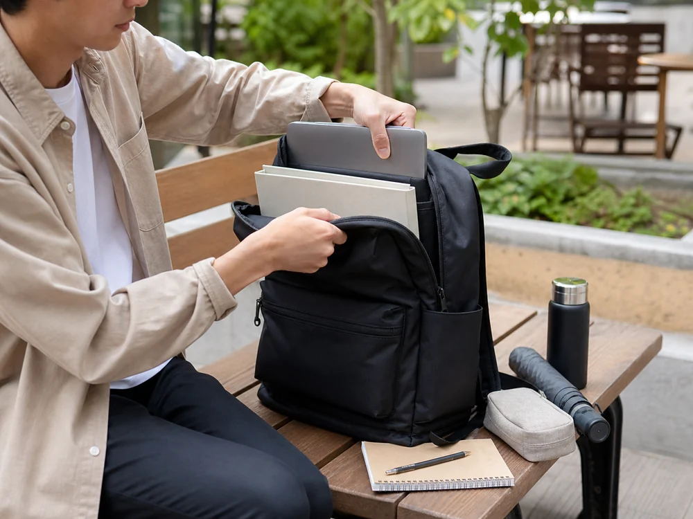 ベンチで黒いリュックからノートPCとA4書類を取り出す様子