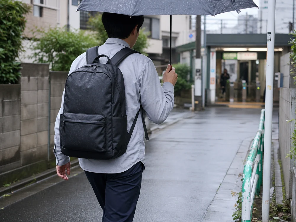 小雨の通勤路で黒い軽量リュックを背負って歩く様子