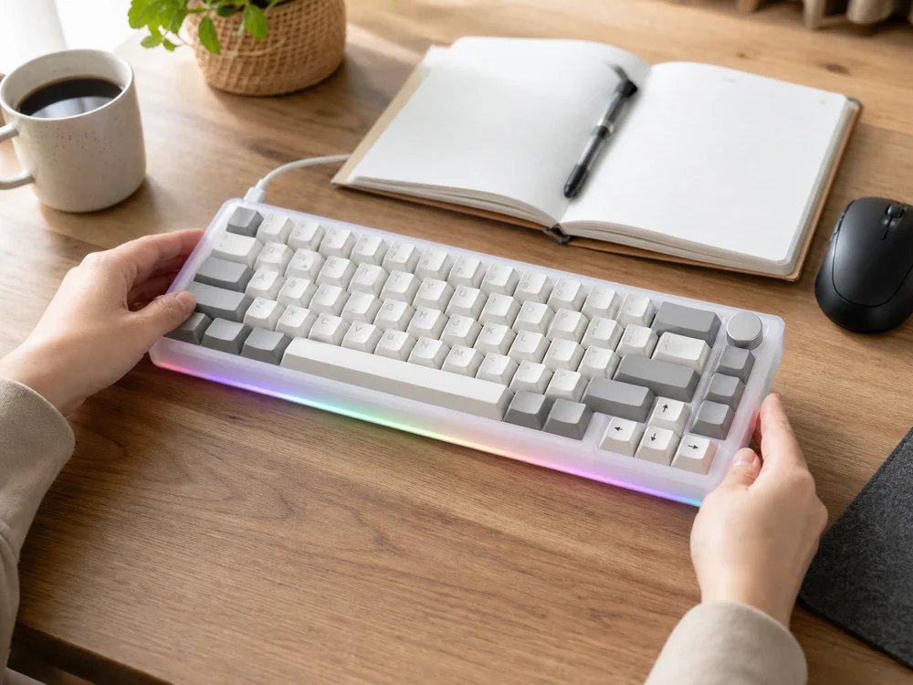 白いWomier VK66 PRO風キーボードの矢印キーと右上ノブが分かるよう、手元でサイズ感を確かめている様子