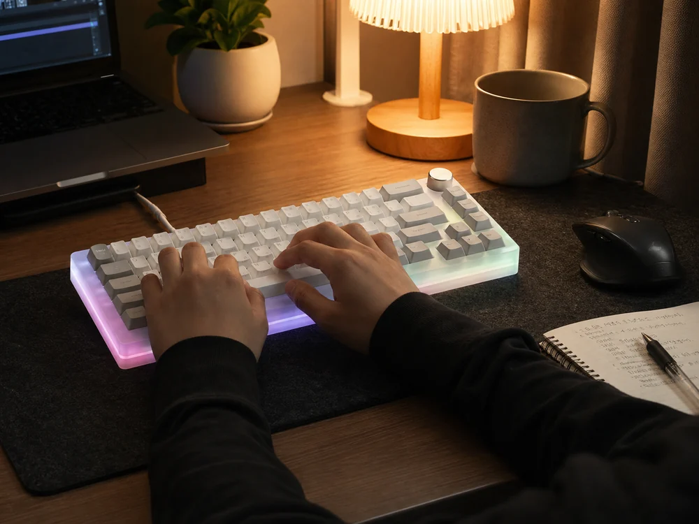 夜の作業机で白いWomier VK66 PRO風キーボードを使い、コンパクトさと落ち着いた雰囲気が伝わる様子